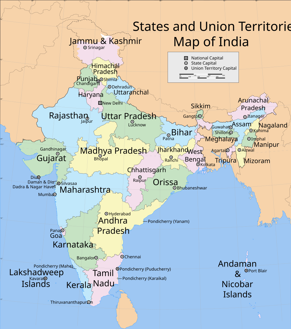 map of India showing the states, union territories and their capitals